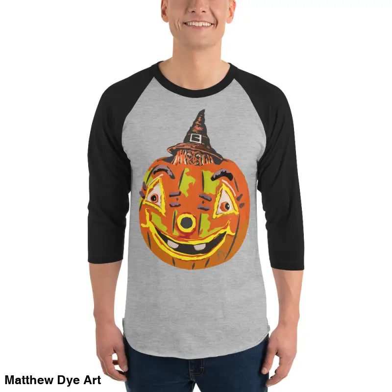 Stylish raglan shirt featuring charming retro Halloween design with a pumpkin witch