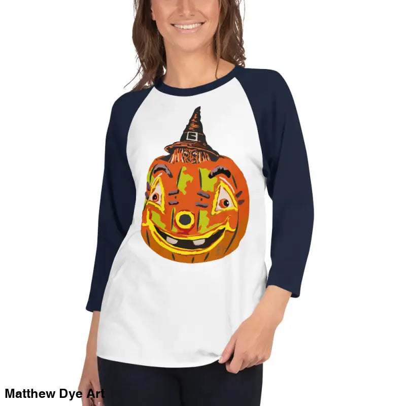 Woman’s stylish raglan shirt featuring charming retro Halloween pumpkin witch design