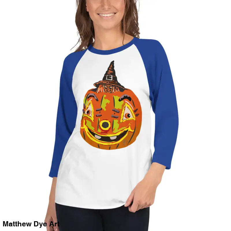 Stylish raglan shirt featuring charming retro Halloween pumpkin design for festive wear