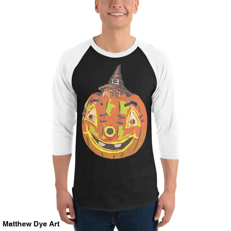 Stylish raglan shirt featuring a Pumpkin Witch design for charming retro Halloween flair