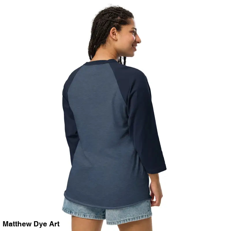 Woman’s blue baseball tee featuring charming retro Halloween design and stylish raglan style