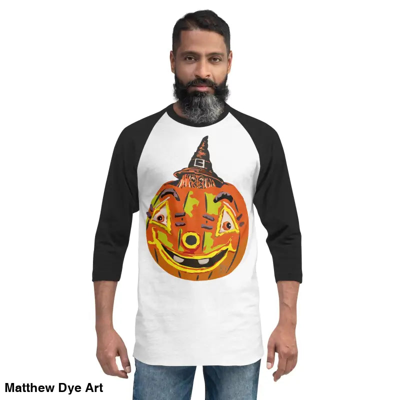 Stylish raglan shirt featuring charming retro Halloween design with a pumpkin witch