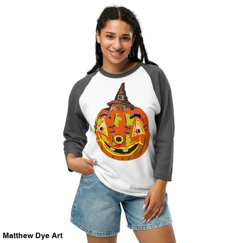 Stylish Raglan Shirt featuring charming retro Halloween pumpkin graphic design