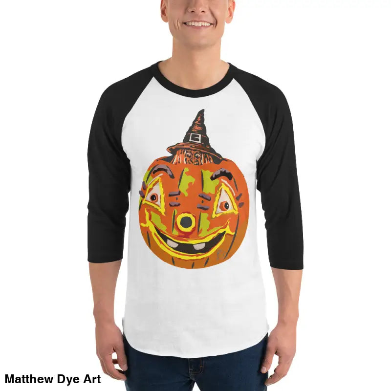 Stylish raglan shirt featuring a charming retro Halloween design with a pumpkin witch