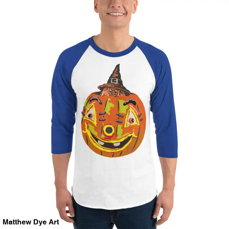 Stylish raglan shirt featuring charming retro Halloween design with pumpkin witch theme