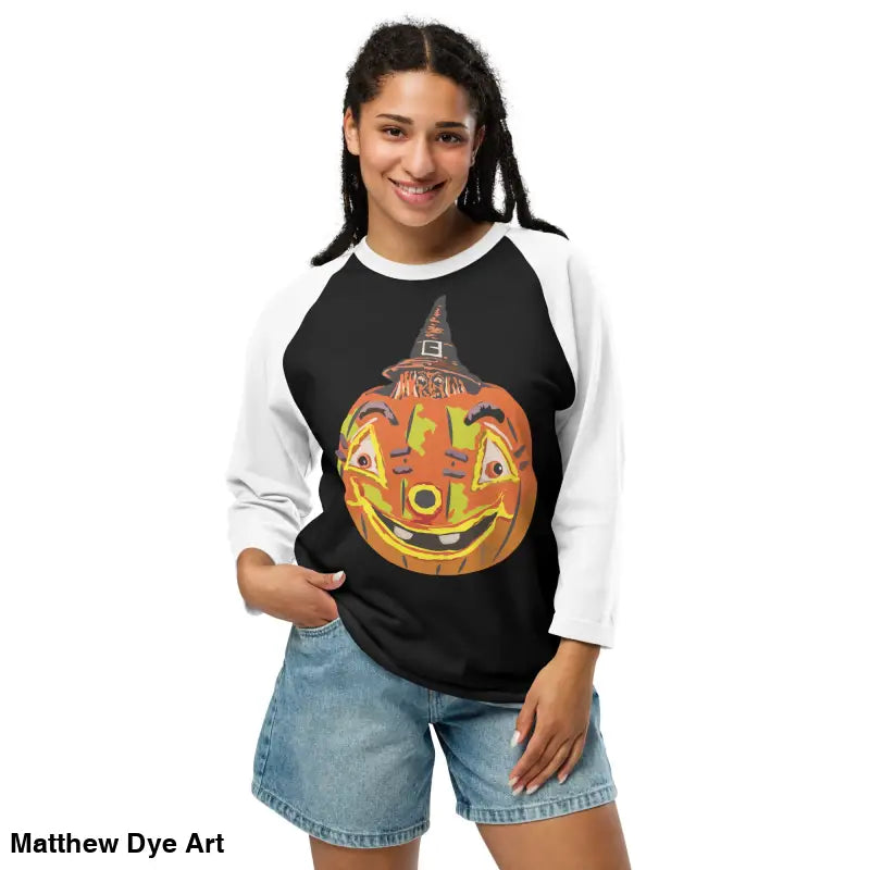 Woman wearing a stylish raglan shirt, showcasing charming retro Halloween flair
