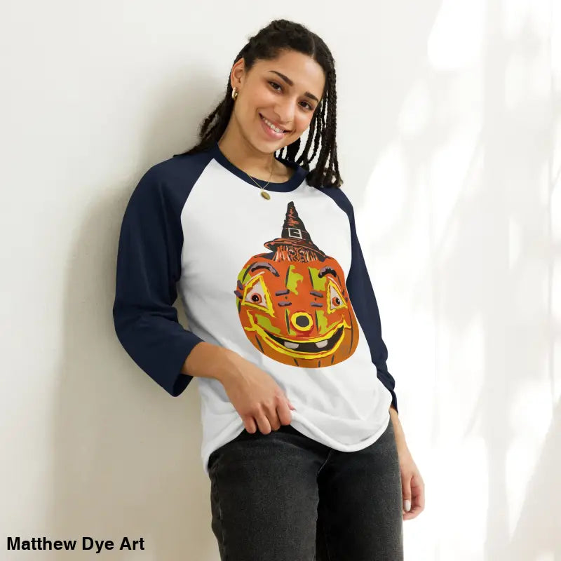 Woman wearing a stylish raglan shirt with charming retro Halloween flair design