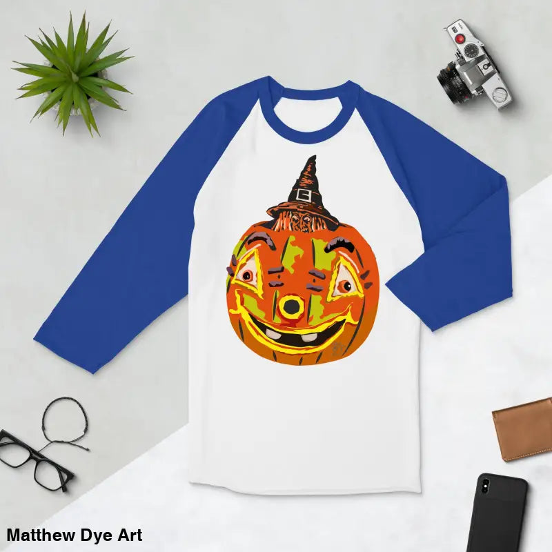 Blue and white stylish raglan shirt with charming retro Halloween flair for festive wear