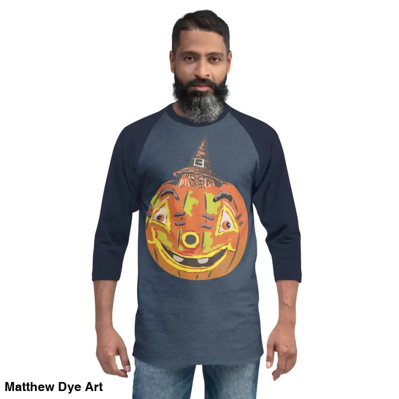 Man showcasing a stylish raglan shirt with charming retro Halloween flair