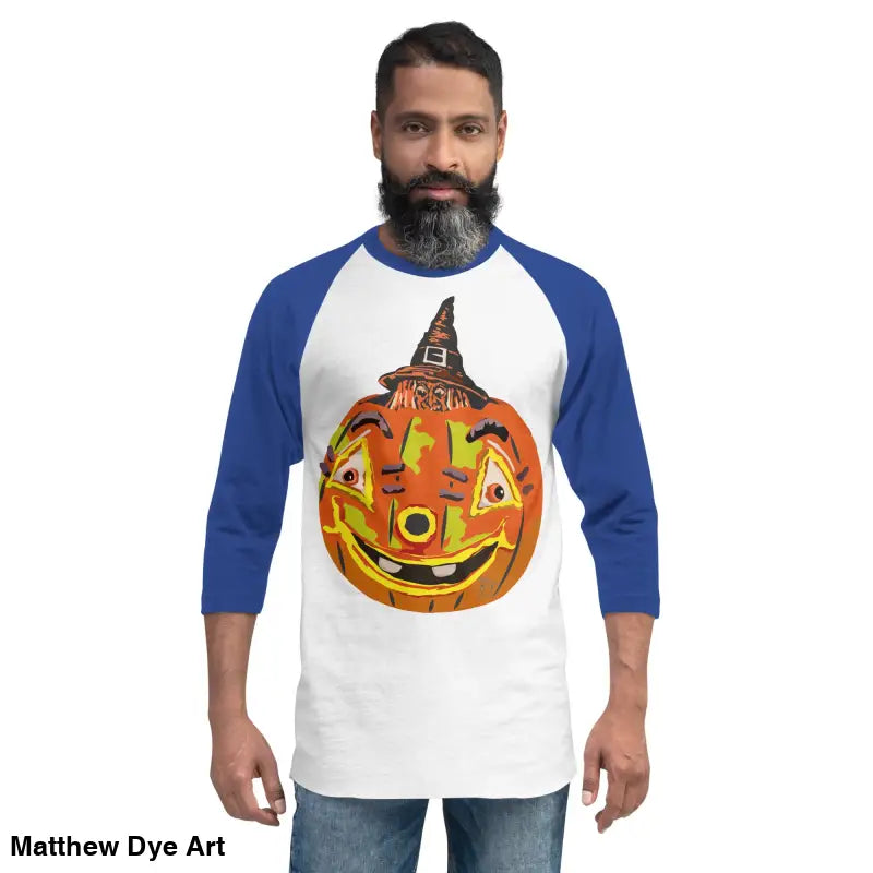 Man showcasing a stylish raglan shirt with charming retro Halloween flair