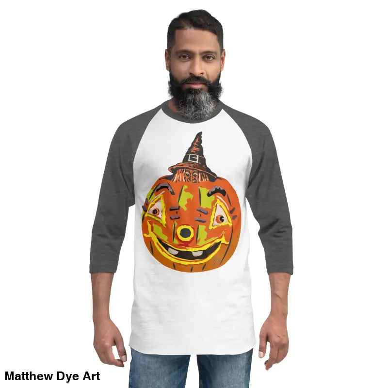 Man showcasing a stylish raglan shirt with charming retro Halloween flair