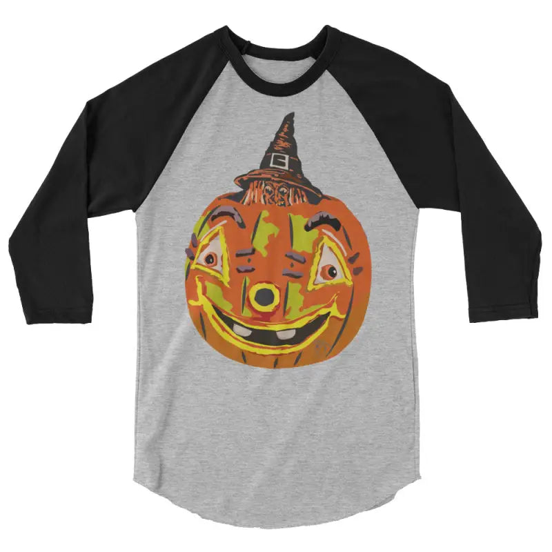 Stylish raglan shirt featuring charming retro Halloween design with a pumpkin witch theme