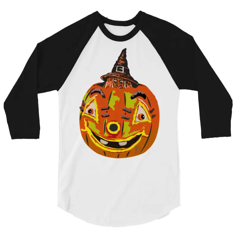 Stylish raglan shirt featuring charming retro Halloween design with a pumpkin witch