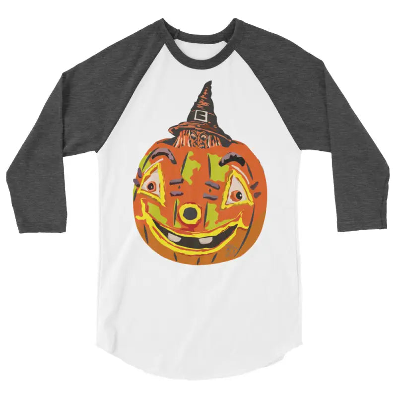 Stylish raglan shirt featuring charming retro Halloween design with a pumpkin witch theme