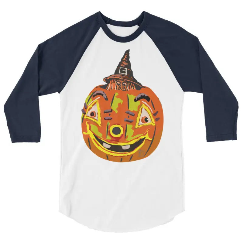 Stylish raglan shirt featuring charming retro Halloween flair and a pumpkin witch design