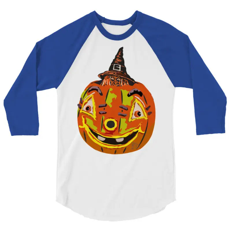 Blue-sleeved stylish raglan shirt featuring charming retro Halloween pumpkin design
