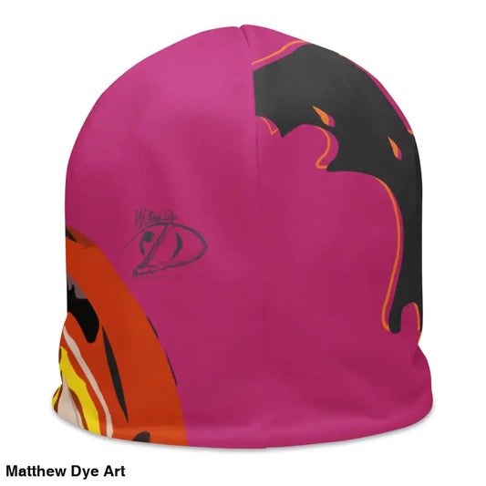 Magenta beanie with abstract design, perfect for Halloween season and pumpkin witch style
