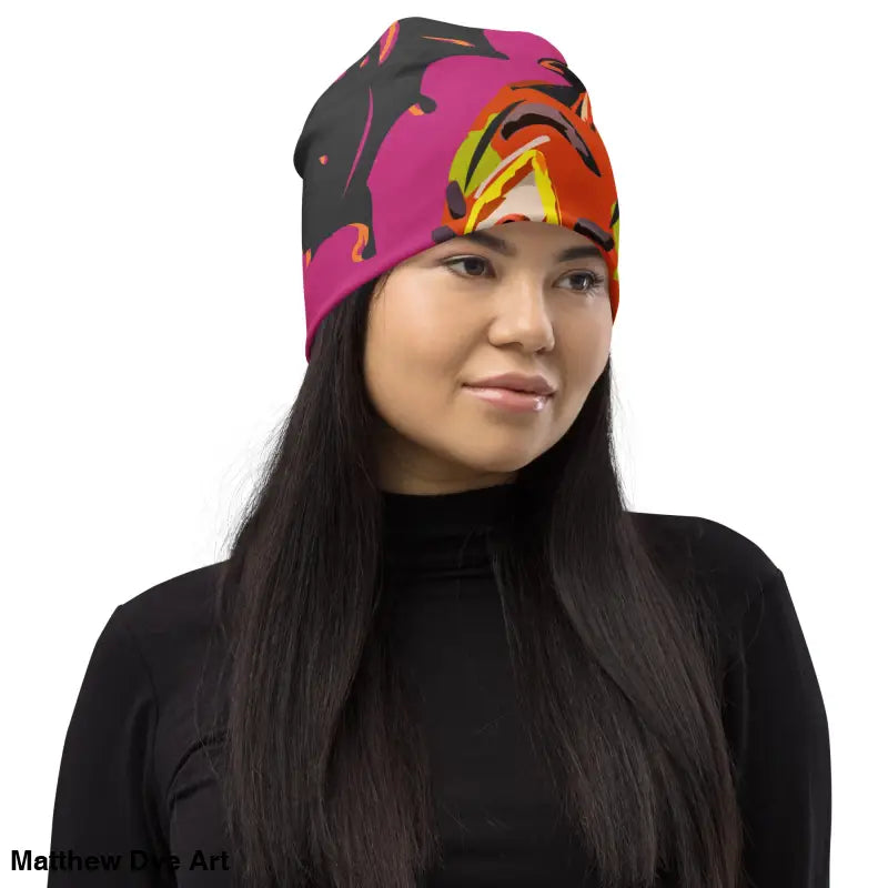Colorful patterned beanie featuring Pumpkin Witch all-over design for Halloween season