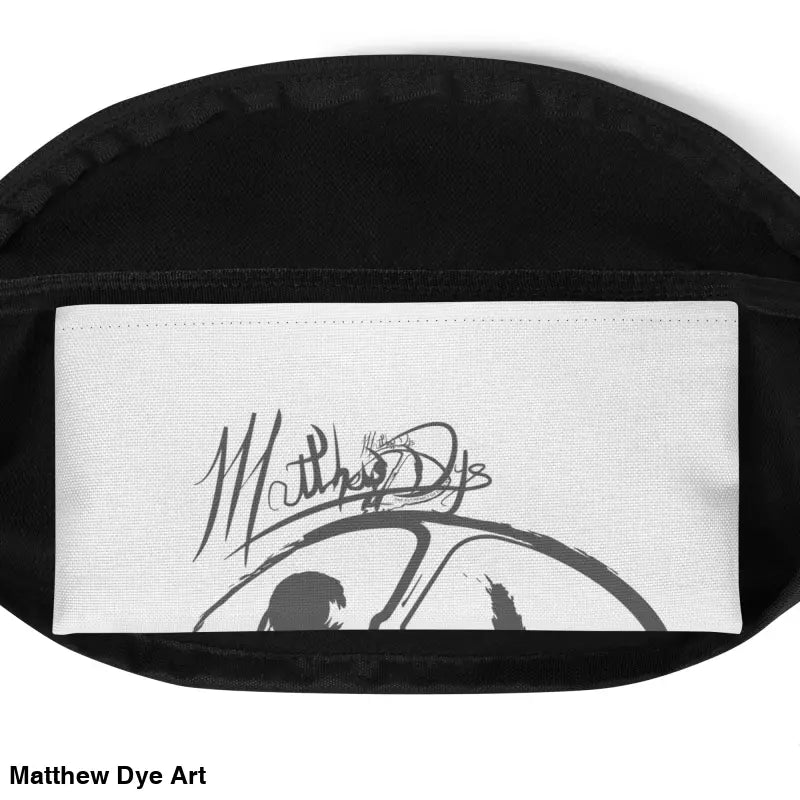 Black fanny pack with white interior featuring Matthew Dye art in a vintage pumpkin witch design
