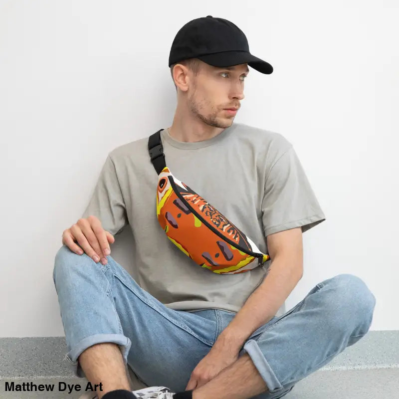 Man sporting a vintage pumpkin witch fanny pack featuring Matthew Dye art