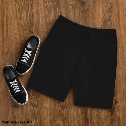 Black casual Pumpkin Witch Fleece Shorts for men by Matthew Dye Art, perfect for comfort