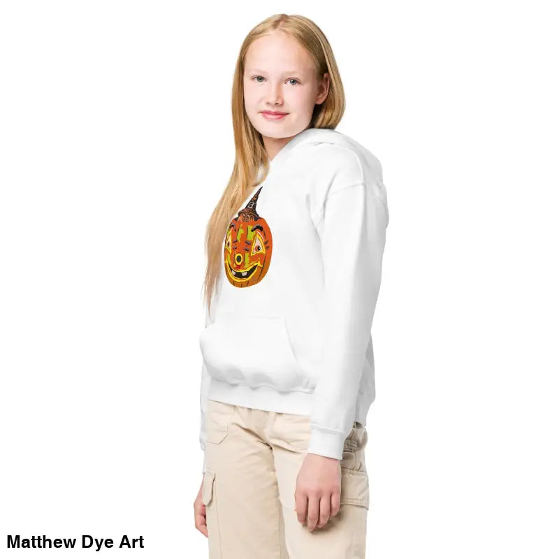 Girl wearing Pumpkin Witch Kids’ Hoodie from the Halloween collection with vintage art
