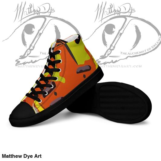 Pumpkin Witch Men’s High Top Canvas Shoes featuring orange, yellow, and black design