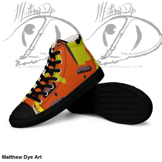 Pumpkin Witch Men’s High Top Canvas Shoes featuring orange, yellow, and black design