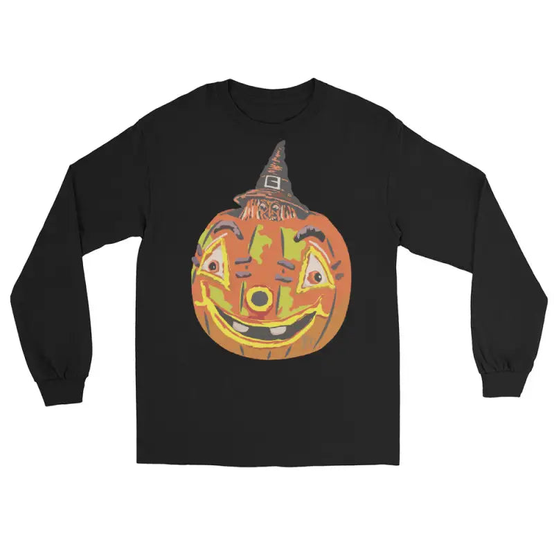Black long-sleeved Pumpkin Witch Men’s shirt featuring a whimsical pumpkin graphic