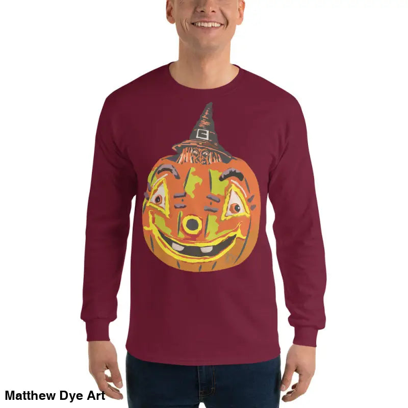 Maroon long-sleeved Pumpkin Witch Men’s shirt featuring a whimsical pumpkin graphic