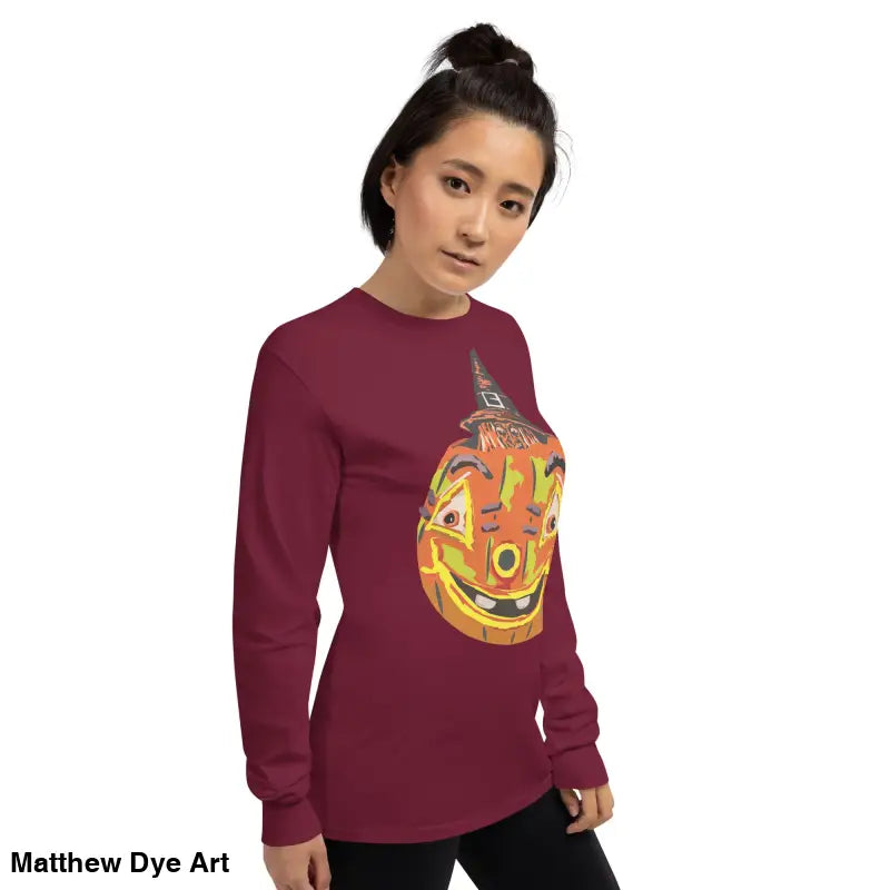 Maroon long-sleeved shirt featuring whimsical pumpkin graphic for Pumpkin Witch Men’s style