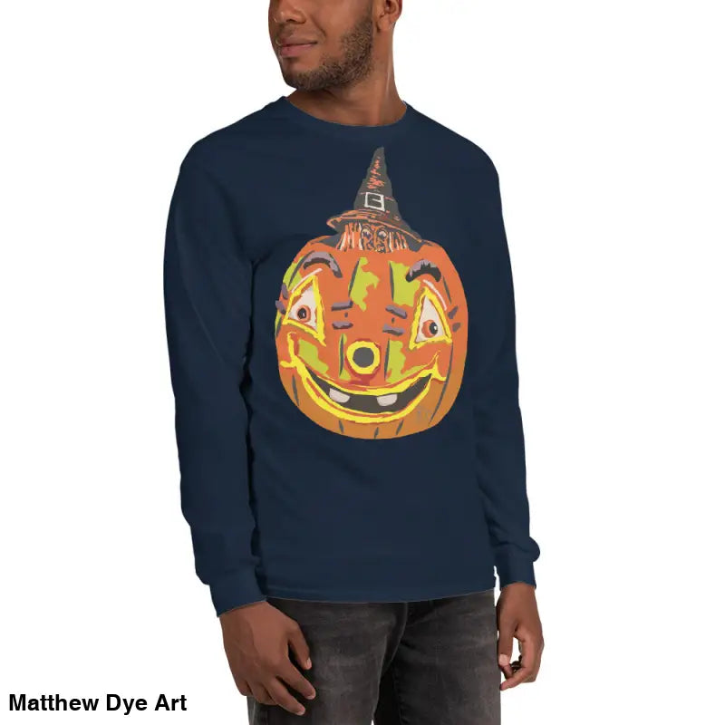 Pumpkin Witch Men’s Long Sleeve Shirt featuring a whimsical pumpkin graphic design
