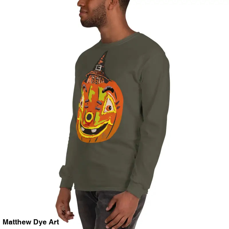 Long-sleeved Pumpkin Witch Men’s shirt featuring a whimsical pumpkin graphic design