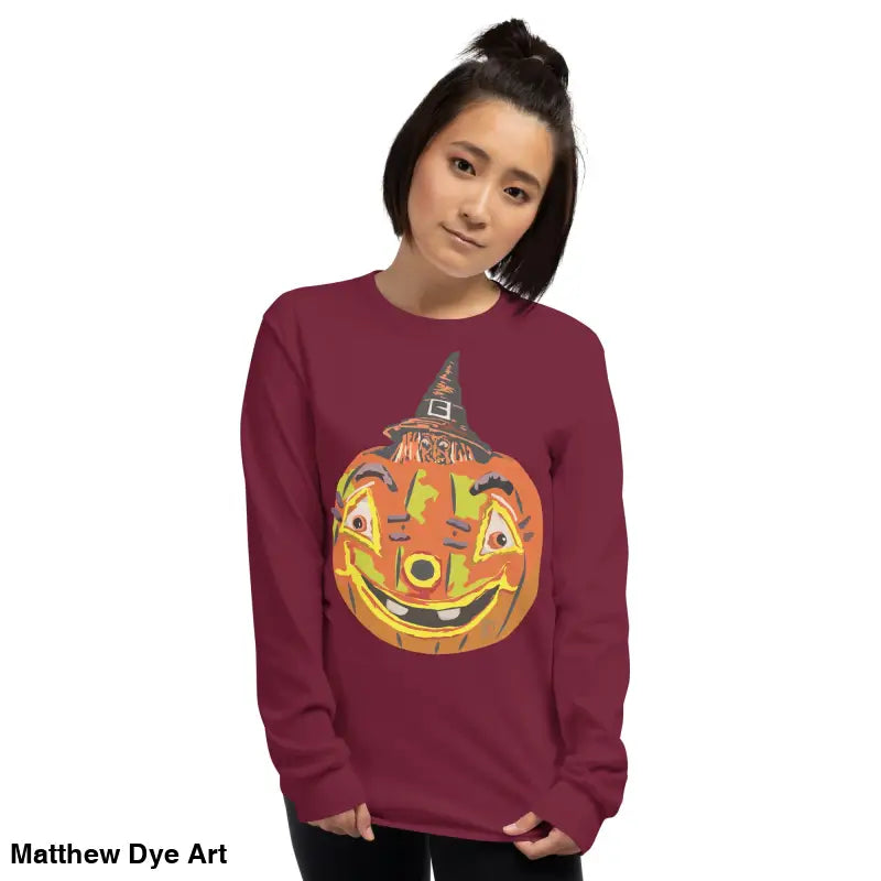 Burgundy long-sleeved shirt featuring whimsical pumpkin graphic for Pumpkin Witch Men’s wear