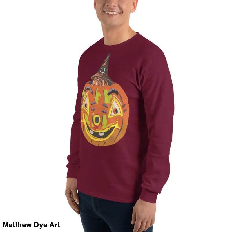 Maroon long-sleeved shirt featuring whimsical pumpkin graphic from Pumpkin Witch Men’s collection