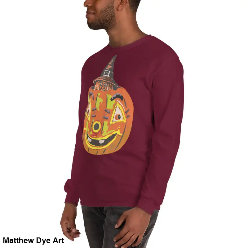 Burgundy long-sleeved Pumpkin Witch Men’s shirt featuring a whimsical pumpkin graphic