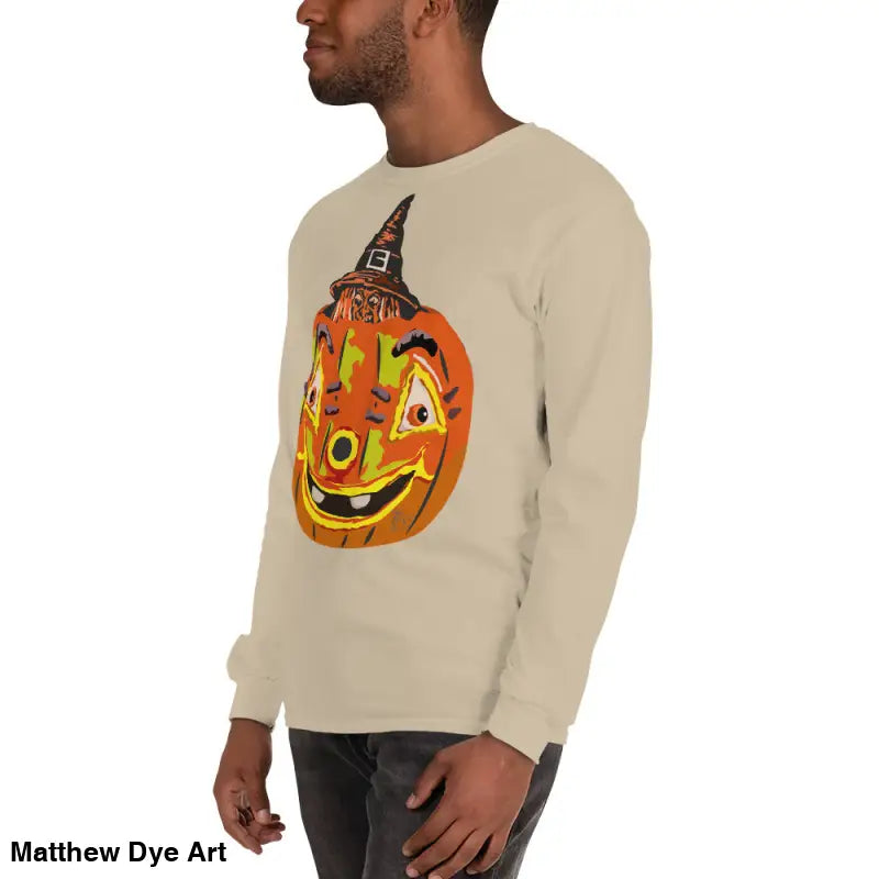 Beige long-sleeved shirt featuring whimsical pumpkin graphic for pumpkin witch men’s style
