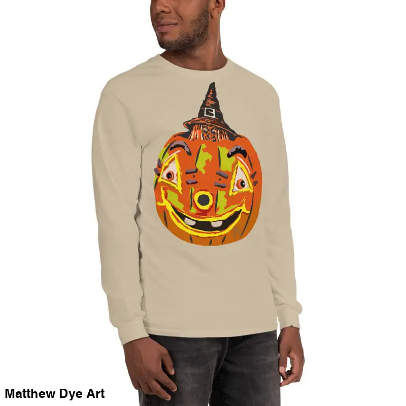 Beige long-sleeved shirt featuring a whimsical pumpkin graphic, Pumpkin Witch Men’s design