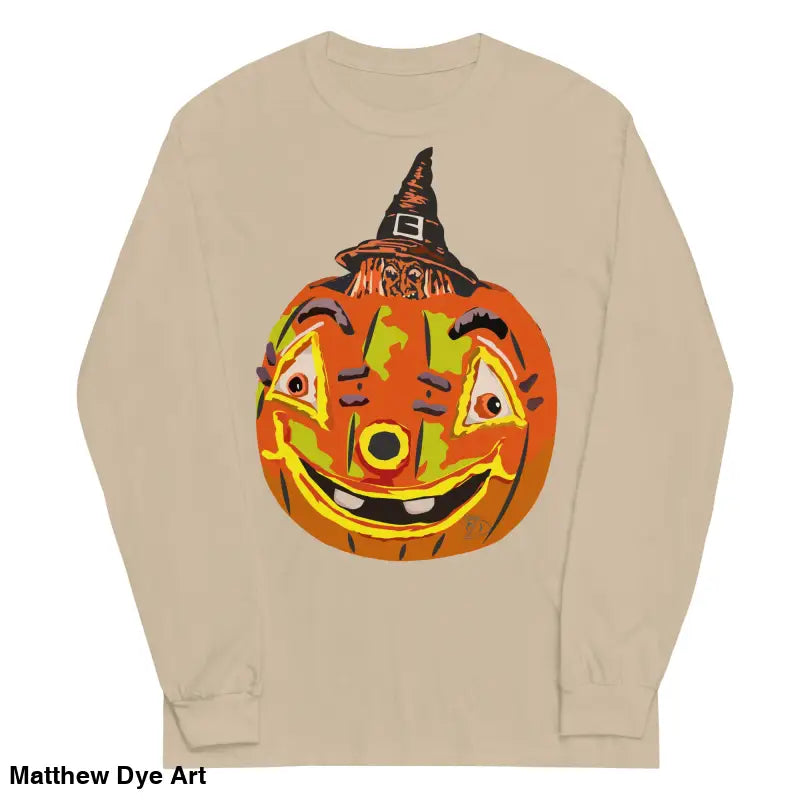 Beige long-sleeved Pumpkin Witch Men’s shirt featuring a whimsical pumpkin graphic