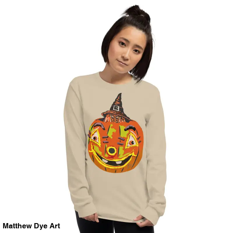Beige long-sleeved Pumpkin Witch Men’s shirt featuring a whimsical pumpkin graphic