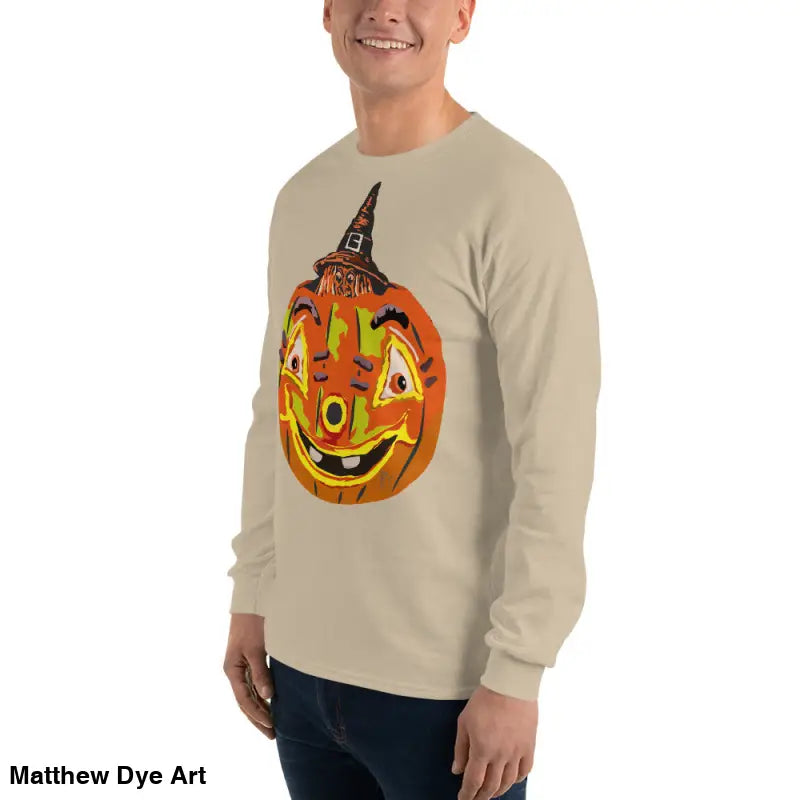 Beige long-sleeved Pumpkin Witch Men’s shirt featuring a whimsical pumpkin graphic