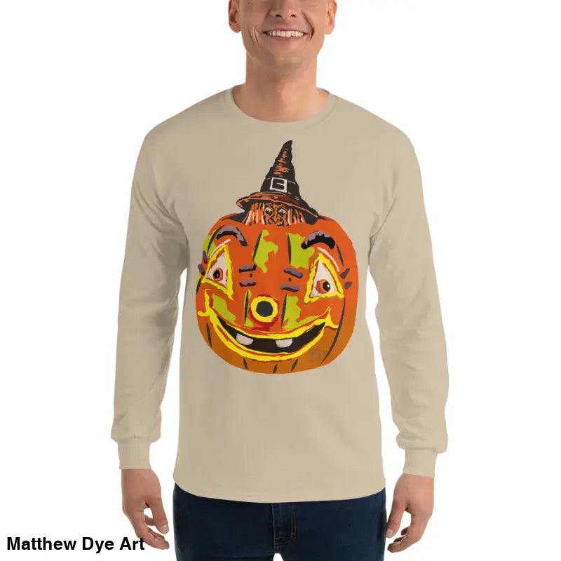 Beige long-sleeved Pumpkin Witch Men’s shirt featuring a whimsical pumpkin graphic