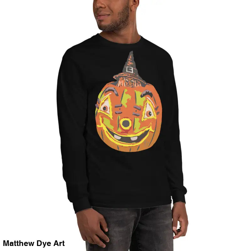 Black long-sleeved Pumpkin Witch Men’s shirt featuring a whimsical pumpkin graphic