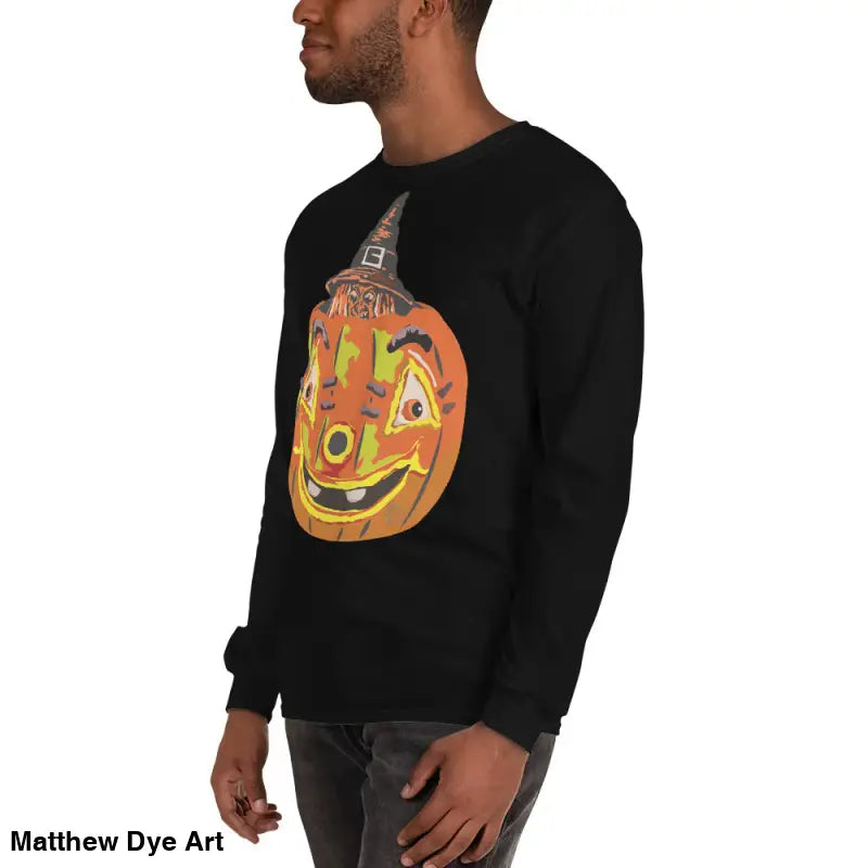 Black long-sleeved Pumpkin Witch Men’s shirt featuring a whimsical pumpkin graphic