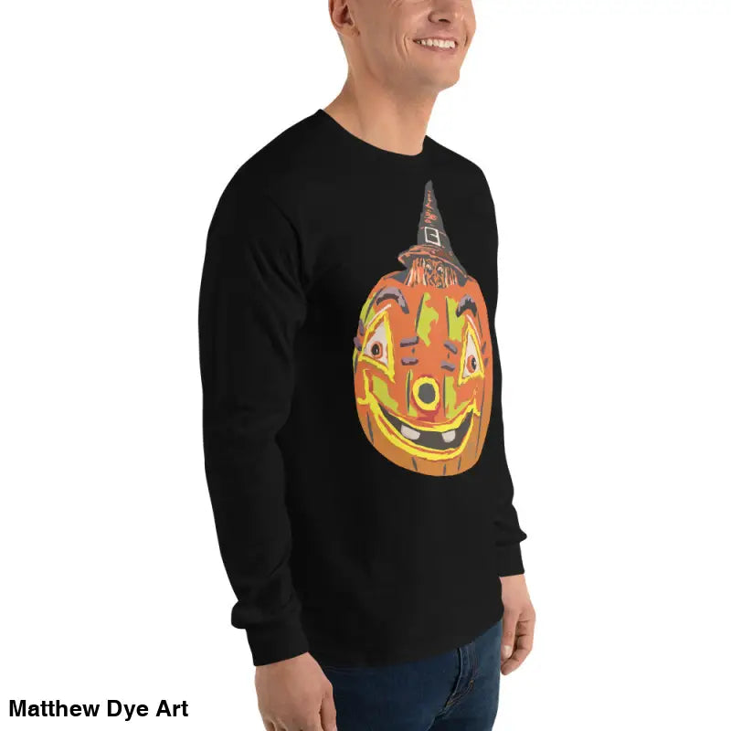 Black long-sleeved shirt featuring whimsical pumpkin graphic for Pumpkin Witch Men’s style