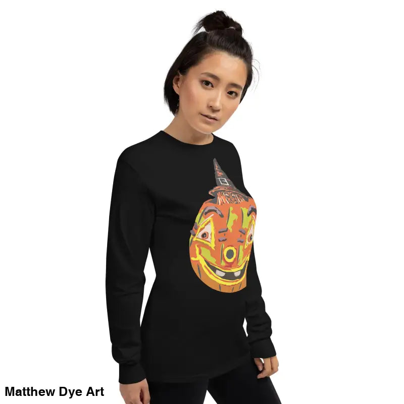 Black long-sleeved shirt featuring whimsical pumpkin graphic for Pumpkin Witch Men’s style