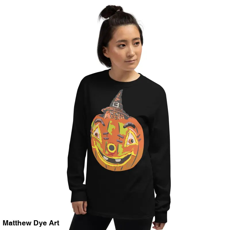 Black long-sleeved Pumpkin Witch Men’s shirt featuring a whimsical pumpkin graphic