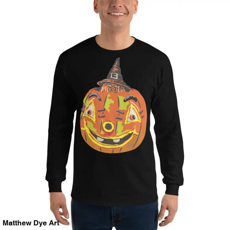 Black long-sleeved shirt featuring a whimsical pumpkin graphic for Pumpkin Witch Men’s style