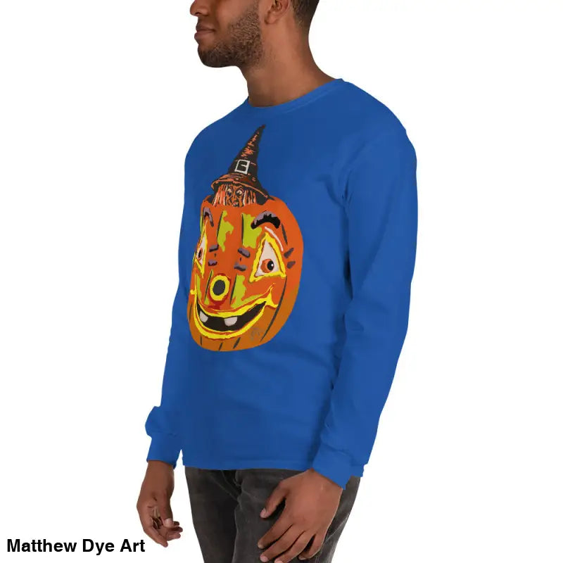 Blue long-sleeved shirt featuring whimsical pumpkin graphic for Pumpkin Witch Men’s style