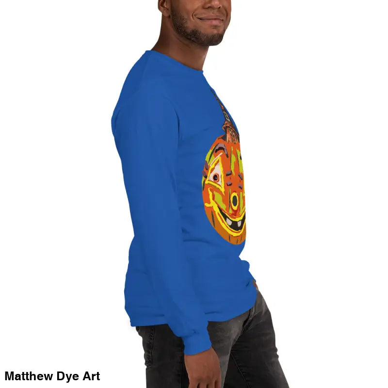 Blue long-sleeved shirt featuring a whimsical pumpkin graphic for the Pumpkin Witch Men’s style